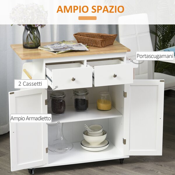 HOMCOM Carrello da Cucina Portaspezie a 3 Livelli con 4 Ruote Girevoli, Portavivande con Armadietto in Legno, 89x45x89.5cm, Bianco|Aosom