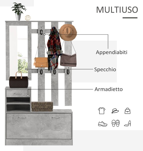 Homcom Mobile da Ingresso Appendiabiti con Scarpiera e Specchio, Mensole e Cassetto, 90x22x116cm Grigio Cemento|Aosom
