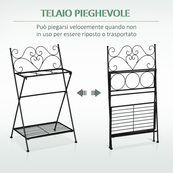 Outsunny Portapiante in Metallo Pieghevole con 3 Vasi, Scaffale per Piante con Ripiano per Casa e Giardino, 47x37x78.5cm, Nero|Aosom