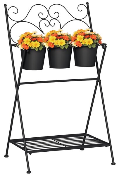 Outsunny Portapiante in Metallo Pieghevole con 3 Vasi, Scaffale per Piante con Ripiano per Casa e Giardino, 47x37x78.5cm, Nero|Aosom