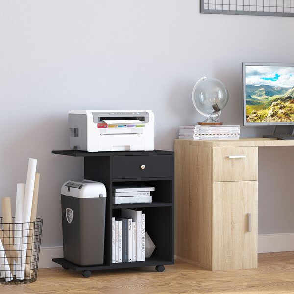 Vinsetto Mobile Porta Stampante in Legno Nero con 1 Cassetto, 2 Ripiani e Mensola CPU, per Ufficio 60x40x68.5cm|Aosom