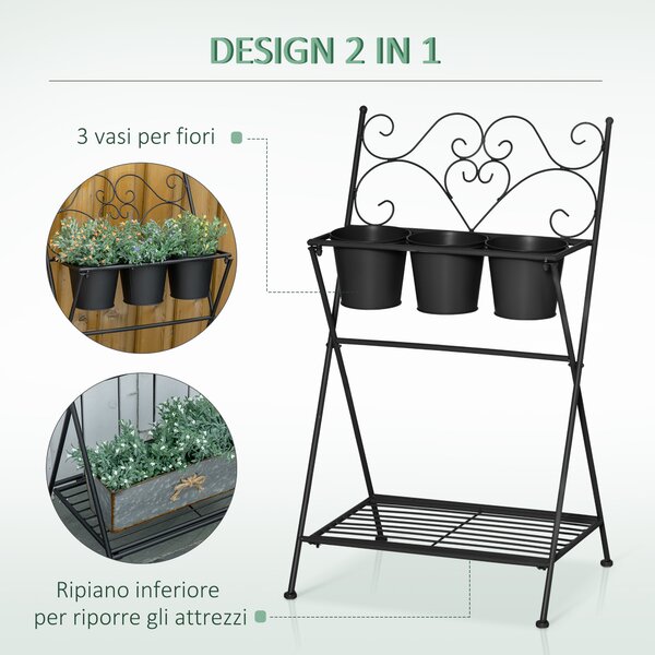 Outsunny Portapiante in Metallo Pieghevole con 3 Vasi, Scaffale per Piante con Ripiano per Casa e Giardino, 47x37x78.5cm, Nero|Aosom