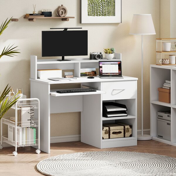 HOMCOM Scrivania per Computer in Legno con Vassoio per Tastiera, Scrivania con Cassetti e Ripiani Regolabili, Cassetto, Bianco, 104x48x95.5cm|Aosom