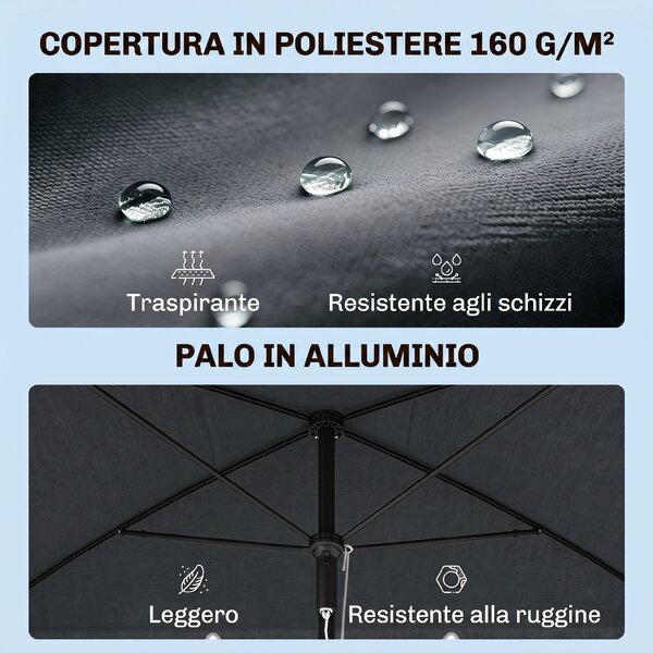 Outsunny Ombrellone da Giardino Rettangolare con Inclinazione Regolabile e Palo in Alluminio, 198x130x240cm, Grigio e Nero|Aosom