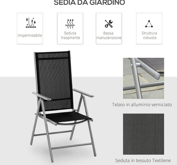 Outsunny Sedia da Giardino Pieghevole Nero in Alluminio e Texteline, Schienale Regolabile a 7 Livelli, 65x55x85-105cm, Confort|Aosom