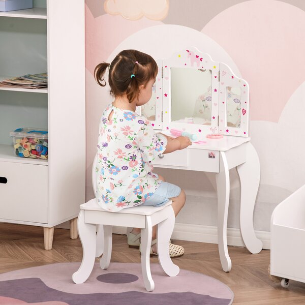 HOMCOM Toeletta per Bambini con Sgabello in Legno, Tavolo Trucco con Triplo Specchio e Cassetto, 63x40x85.5cm, Bianco|Aosom