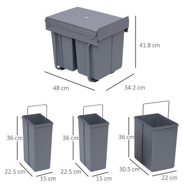 HOMCOM Pattumiera Estraibile per Raccolta Differenziata 3 Contenitori Capacità Totale 40L Design Compatto 48x34.2x41.8cm Colore Grigio|Aosom