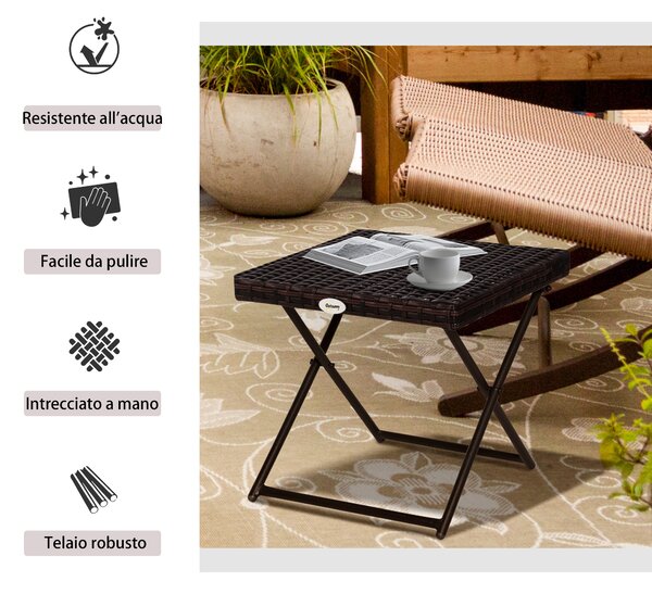 Outsunny Tavolino da Giardino Pieghevole in Rattan Sintetico e Struttura in Acciaio, Marrone, 40x40x40cm|Aosom