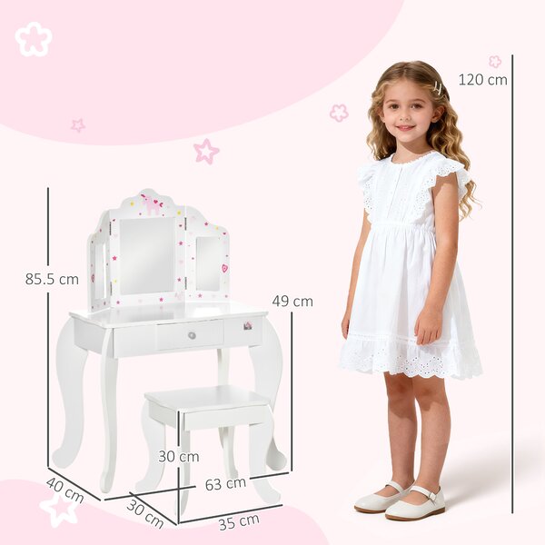 HOMCOM Toeletta per Bambini con Sgabello in Legno, Tavolo Trucco con Triplo Specchio e Cassetto, 63x40x85.5cm, Bianco|Aosom