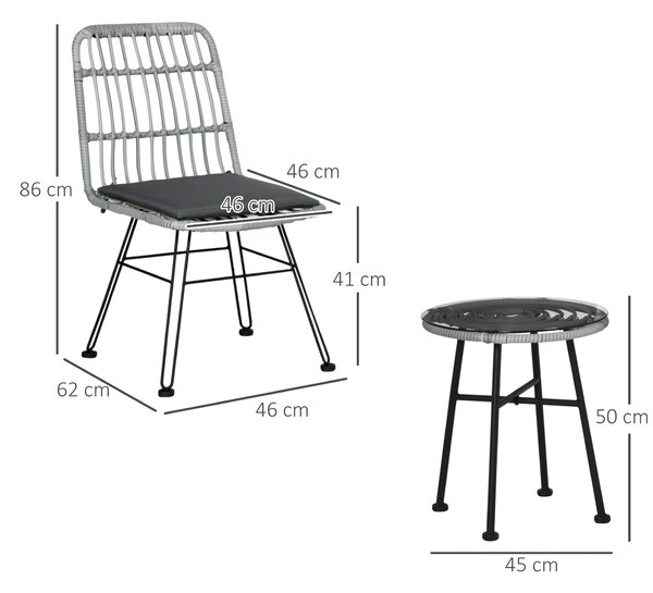 Outsunny Set Tavolino e Sedie da Giardino 3 Pezzi in Rattan PE e Acciaio, Design Moderno per Esterni e Bistrò - Grigio|Aosom