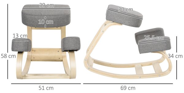 Vinsetto Sedia Ergonomica Posturale in Legno di Betulla e Cuscino in Gommapiuma e Poliestere, 51x69x58cm, Grigia|Aosom