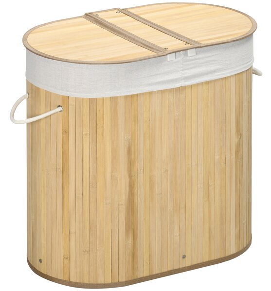 HOMCOM Cesto Portabiancheria in Bambù a 2 Sezioni, 2 Coperchi e Capacità 100L con Sacca Interna Removibile, 62.5x37x60.5 cm, Bianco e Color Legno