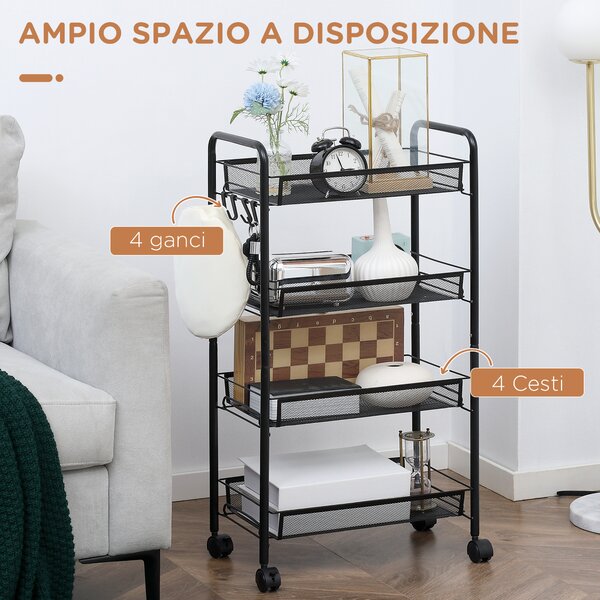 HOMCOM Carrello Cucina 4 Ripiani Rimovibili, 4 Ganci, Ruote Scorrevoli, Acciaio e Plastica PP, 45x26.5x84 cm - Nero|Aosom