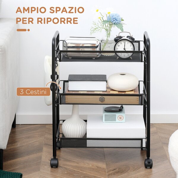 HOMCOM Carrello da Cucina in Acciaio con 3 Cesti Rimuovibili, 4 Ganci, 2 Maniglie, 4 Ruote, 41.5x26.5x63cm, Nero | Aosom