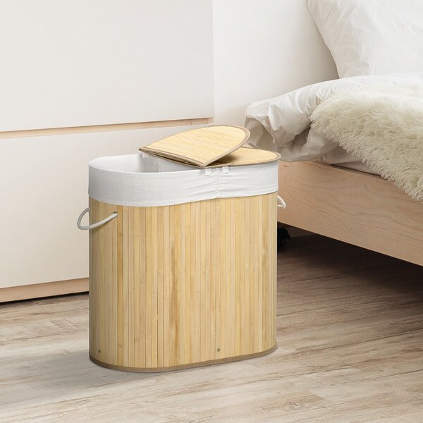HOMCOM Cesto Portabiancheria in Bambù a 2 Sezioni, 2 Coperchi e Capacità 100L con Sacca Interna Removibile, 62.5x37x60.5 cm, Bianco e Color Legno