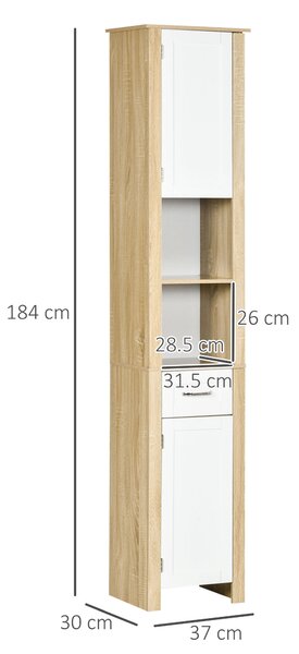 Kleankin Mobile Bagno Alto in Truciolato con un Cassetto, 2 Armadietti e 2 Ripiani Aperti Regolabili, 37x30x184 cm, Bianco e color Legno|Aosom