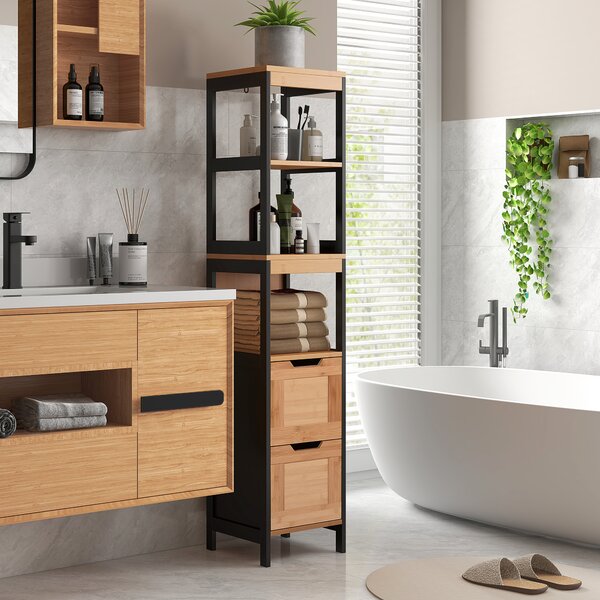 Kleankin Colonna Bagno con 2 Cassetti e 3 Vani Aperti, Mobile Bagno in Legno MDF e Bambù 30x30x144.3 cm, Colore Legno|Aosom