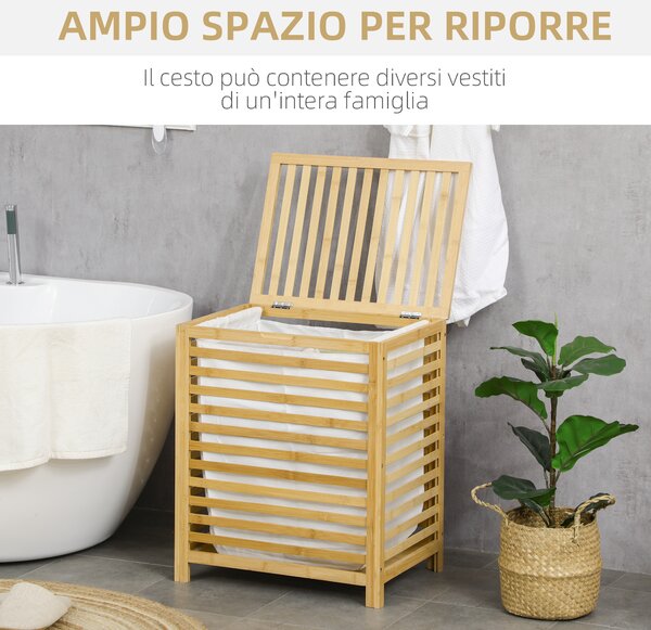 HOMCOM Cesto Portabiancheria a Doghe in Bambù e Tessuto con Coperchio e Sacca Rimovibile, 50x36x60 cm|Aosom