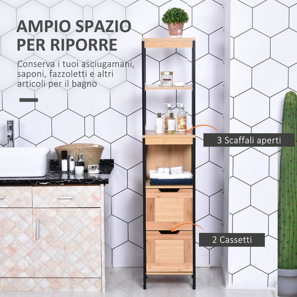 Kleankin Colonna Bagno con 2 Cassetti e 3 Vani Aperti, Mobile Bagno in Legno MDF e Bambù 30x30x144.3 cm, Colore Legno|Aosom