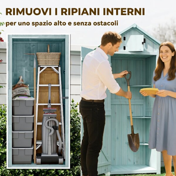 Outsunny Casetta da Giardino Porta Attrezzi in Legno con 3 Ripiani, 77x54.2x179 cm, Blu