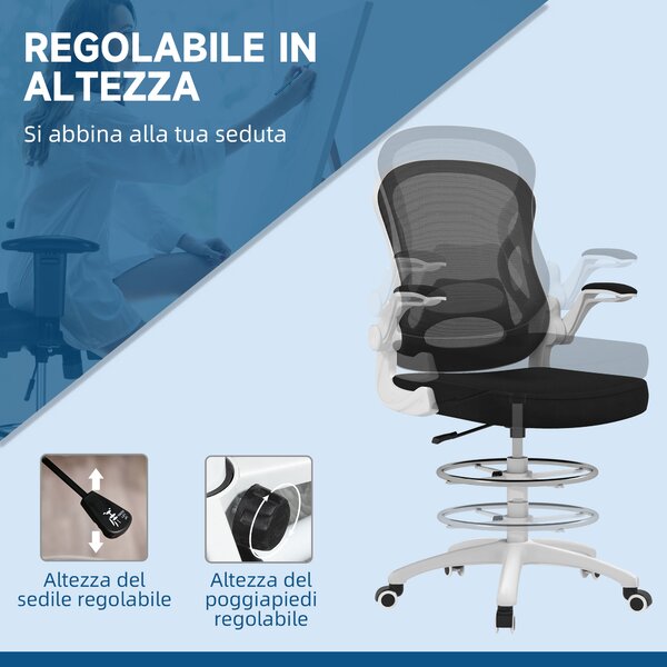 Vinsetto Sedia da Ufficio Ergonomica in Tessuto Traspirante con Altezza Regolabile e Braccioli Ribaltabili, 59x65x110-130 cm, Bianca e Nera|Aosom