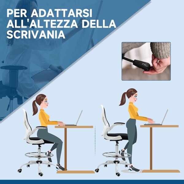 Vinsetto Sedia da Ufficio Ergonomica in Tessuto Traspirante con Altezza Regolabile e Braccioli Ribaltabili, 59x65x110-130 cm, Bianca e Nera|Aosom
