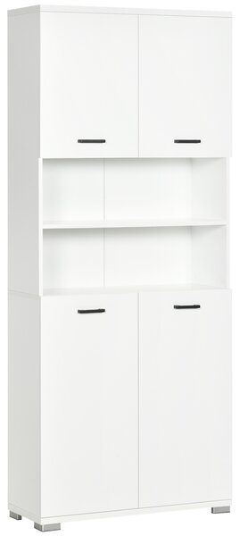Kleankin Armadietto Bagno con 4 Ante, 2 Ripiani Aperti e Ripiani Interni Regolabili, in Legno, 80x33.5x190 cm, Bianco|Aosom