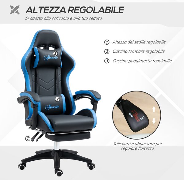 Vinsetto Sedia da Gaming con Altezza Regolabile e Schienale Reclinabile, Sedia da scrivania ergonomica, 65x65x121-129 cm, Blu e Nero | Aosom Italy