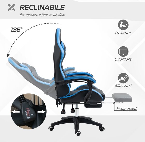 Vinsetto Sedia da Gaming con Altezza Regolabile e Schienale Reclinabile, Sedia da scrivania ergonomica, 65x65x121-129 cm, Blu e Nero | Aosom Italy