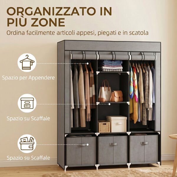 HOMCOM Armadio in Tessuto Pieghevole con Cassetti e Ante Avvolgibili con Zip, 125x43x162.5cm, Grigio Scuro|Aosom