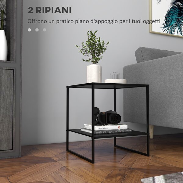 HOMCOM Tavolino da Caffè in Stile Industriale in Acciaio a 2 Ripiani, 40x40x45cm, Nero
