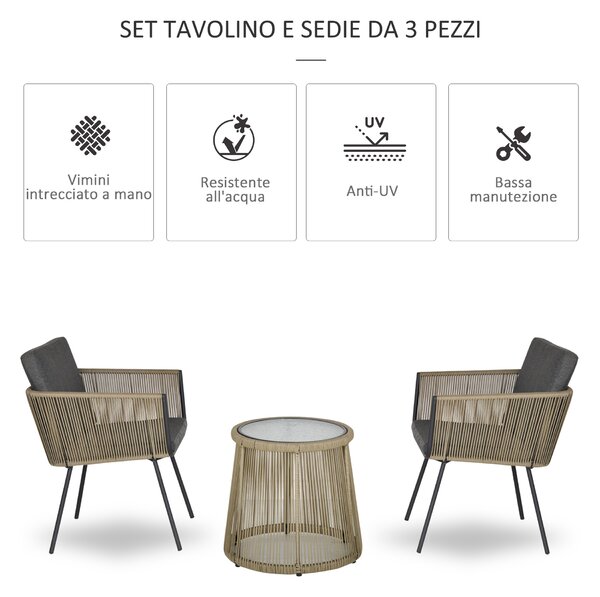Outsunny Set con Tavolino e Sedie da Giardino da 3 Pezzi, Sedie in Rattan per Esterni, Cachi e Grigio|Aosom