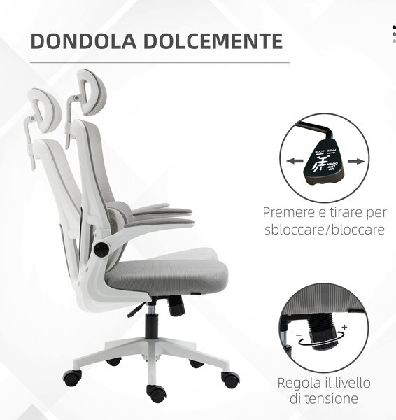 Vinsetto Poltrona da Ufficio con Poggiapiedi e Poggiatesta, Sedia da Ufficio Ergonomica ad Altezza Regolabile, 60x59x114-122 cm, Grigio|Aosom Italy