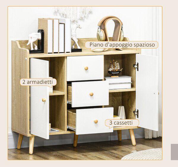 HOMCOM Credenza Moderna in Truciolato e Legno di Pino con 3 Cassetti e 2 Armadietti a 2 Livelli, 90x32x80A cm