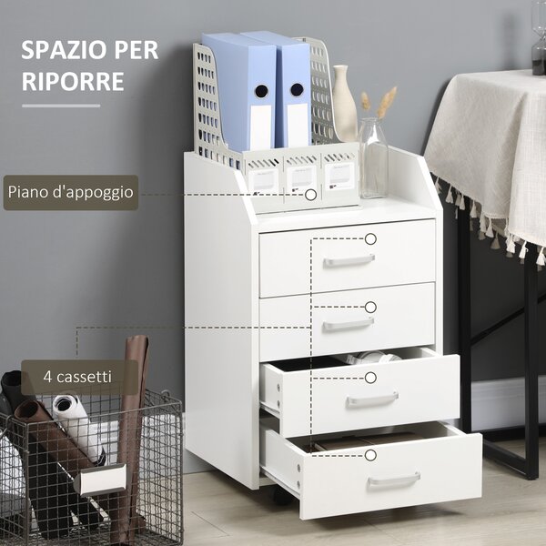 Vinsetto Cassettiera da Ufficio in Legno con 4 Cassetti, Ruote e Bordi Rialzati, 40x36x65cm, Bianco