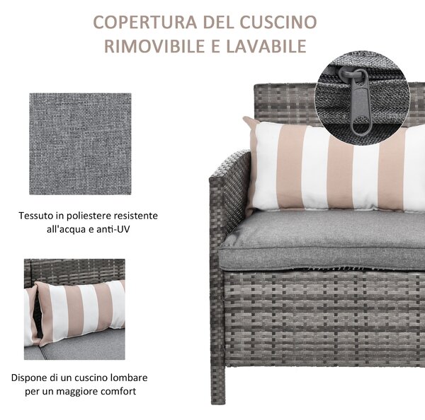 Outsunny Divano 3 Posti da Esterni in Rattan (PE) con Cuscini Imbottiti e Sfoderabili, Giardino/Terrazzo, 173x68x78cm