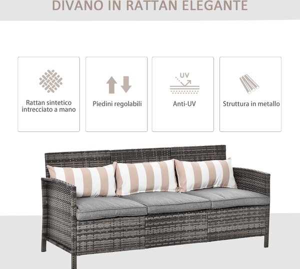 Outsunny Divano 3 Posti da Esterni in Rattan (PE) con Cuscini Imbottiti e Sfoderabili, Giardino/Terrazzo, 173x68x78cm
