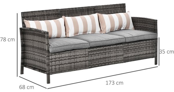Outsunny Divano 3 Posti da Esterni in Rattan (PE) con Cuscini Imbottiti e Sfoderabili, Giardino/Terrazzo, 173x68x78cm