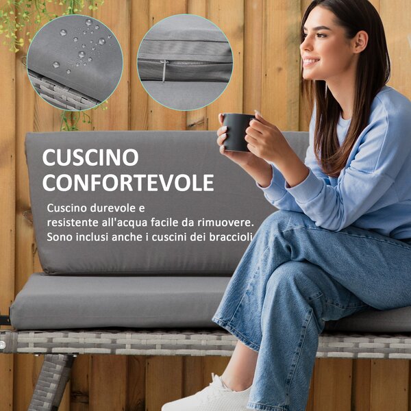 Outsunny Divano da Giardino 2 Posti in Rattan con Imbottitura e Braccioli Ribaltabili, 129x63x67cm, Grigio|Aosom