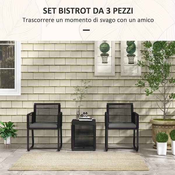 Outsunny Set da Giardino in Rattan con 2 Poltroncine con Cuscini e Tavolino da Caffè in Vetro, Nero|Aosom