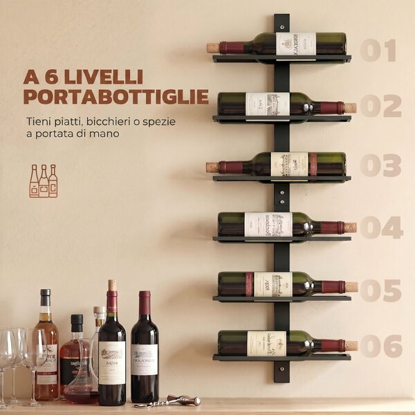 HOMCOM Portabottiglie da Parete per 6 Bottiglie di Vino, Cucina e Sala, Nero. | Aosom Italy