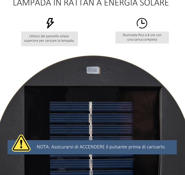 Outsunny Lanterna Solare da Giardino con Luce LED in Rattan e Metallo , Ø21.5x61cm, Marrone|Aosom