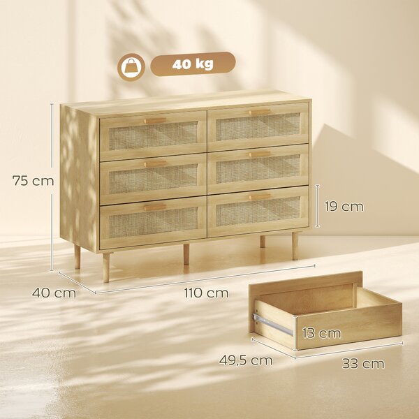 HOMCOM Cassettiera 6 Cassetti in Rattan con Gambe in Legno, Settimino per Soggiorno e Camera da Letto, 110x40x75 cm, Legno Naturale | Aosom Italy