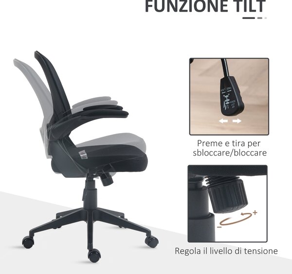 HOMCOM Sedia da Ufficio Ergonomica con Altezza Regolabile, Braccioli Ribaltabili e Tessuto a Rete, Nero|Aosom