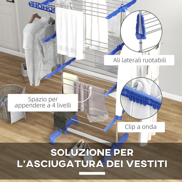 HOMCOM Stendino Verticale con 4 Ripiani Regolabili, in Acciaio e Plastica, 142x55x172 cm, Blu e Argento|Aosom