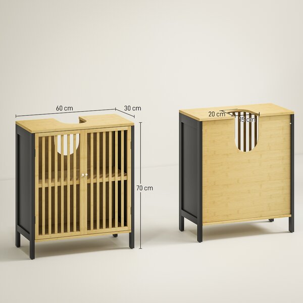 HOMCOM Mobile Sottolavabo Bagno con 2 Ante a Doghe in Legno di Bambù e MDF con Intaglio a U, 60x30x70cm|Aosom