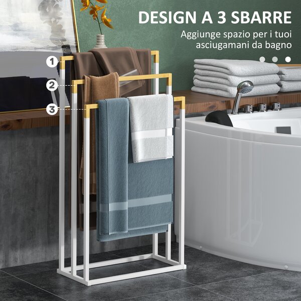 Kleankin Portasciugamani Autoportante a 3 Sbarre in Bambù e Acciaio, 45x22.5x86 cm, Bianco e Color Legno|Aosom