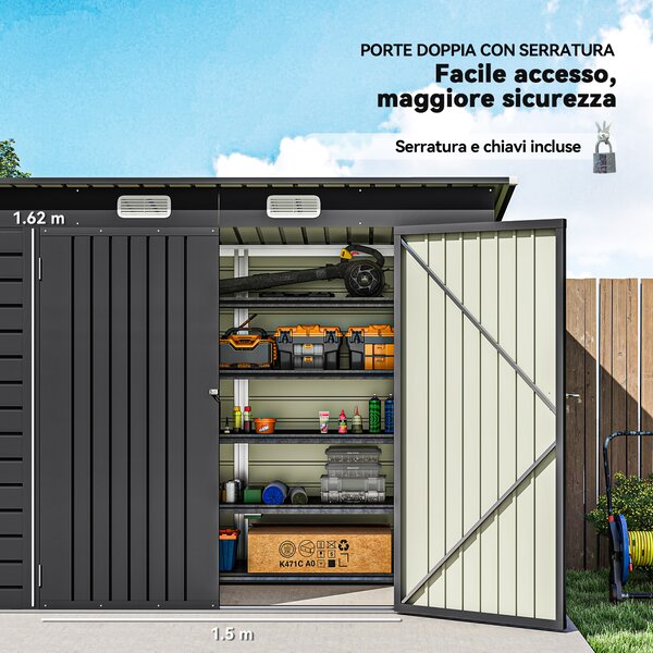 Outsunny Capanno Porta Attrezzi con Ripiani Regolabili e Chiavistello, in Acciaio Zincato, 249x121x183 cm, Grigio | Aosom Italy