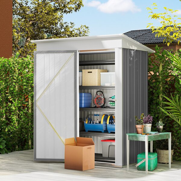 Outsunny Casetta da Giardino con Porta Bloccabile e 2 ripiani regolabili, Porta Attrezzi in Acciaio, 161x95x163/181cm, Grigio | Aosom Italy