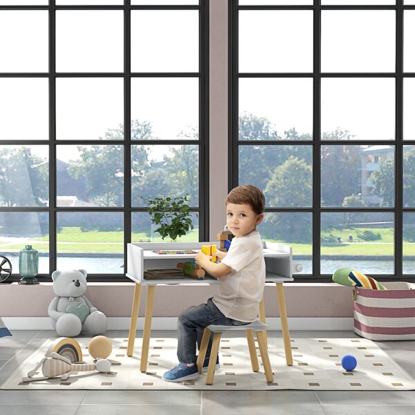 HOMCOM Set Tavolino e Sedie per Bambini, Piano del tavolo a 2 lati Reversibile e Rotolo di Carta, in MDF e legno, Bianco|Aosom Italy
